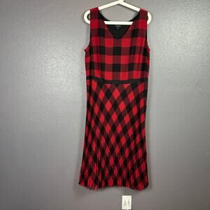 Talbots Womens 16 Red And Black Sleeveless Buffalo Plaid Dress Micro Pleat Skirt